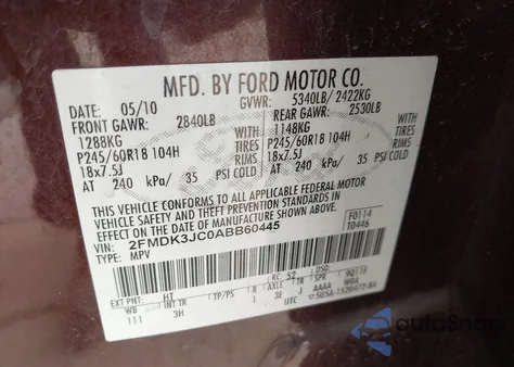 2010 Ford Edge Sel из США, поврежденный, VIN 2FMDK3JC0ABB60445